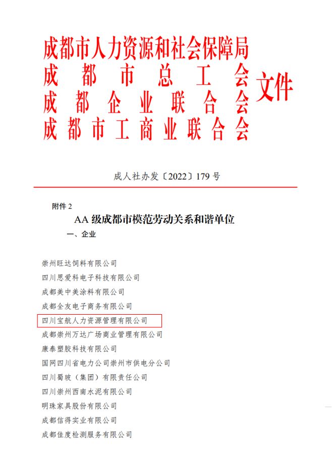 喜報|寶航人力集團榮獲AA級成都市模範勞動關系和諧單位
